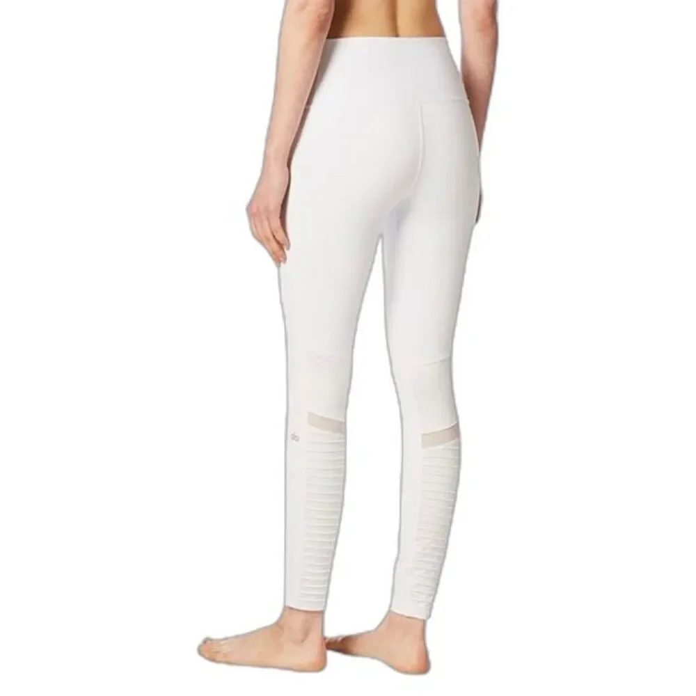 Alo Moto Leggings White Athletic Yoga Pants Stretch Mesh Panels Women’s Size XS